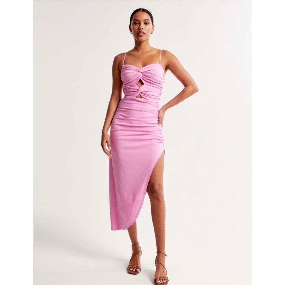 Abercrombie & Fitch Pink Ruched Cut-Out Midi Dress Wedding Guest Homecoming